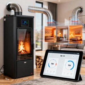 Fogão a pellets de 9 kW com sistema de condutas – 3 divisões